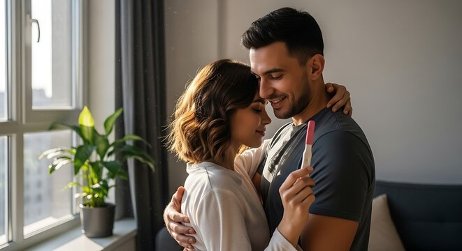 A lovely couple shares a tender embrace at home, joyfully celebrating a positive pregnancy test and anticipating the beautiful journey of parenthood.