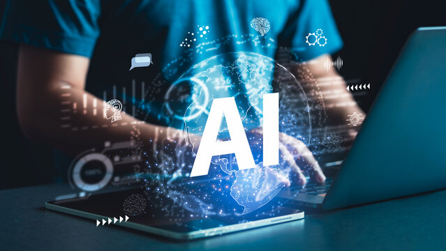 Humans are using computers and laptops that are working with AI for things like chatting, searching for information, programming, business chatting and much more with the most advanced technology.