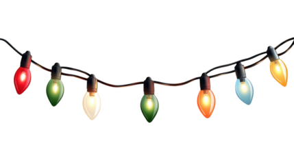 String of colorful Christmas lights isolated on a transparent background