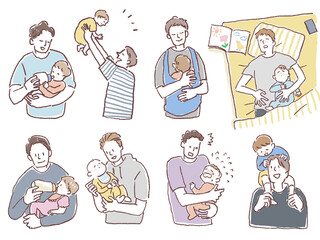 赤ちゃんの育児をするお父さん、男性、育児、子育て