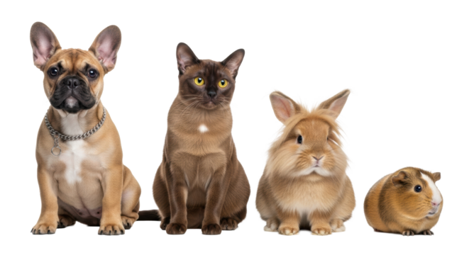 Young fawn french bulldog puppy, brown burmese cat, lionhead rabbit, guinea pig sitting side-by-side on reflective white floor in a bright studio, perfect pet companionship