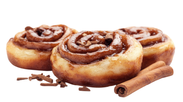 Three Cinnamon Buns with Cinnamon Sticks isolated on a transparent background - Powered by Adobe