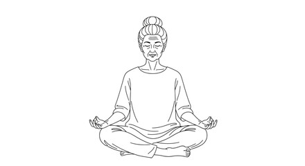 Elegant line art of a serene senior woman meditating peacefully, finding inner calm and balance through mindfulness in a minimalist aesthetic