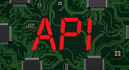 A digital image of the word API in red letters on a green circuit board background.