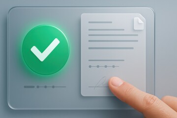 Finger pressing green approval button with document symbolizing digital verification and process confirmation
