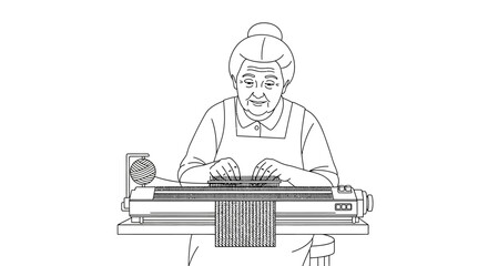 Grandma's loving hands knit with care, creating warmth and comfort with every stitch on her classic knitting machine in a charming monochrome scene