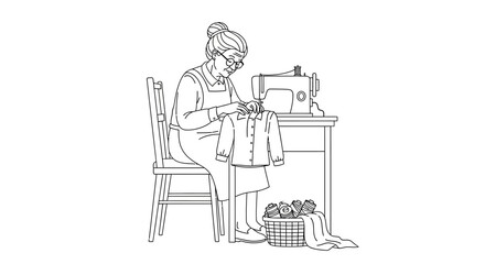 Charming grandma sewing clothes with vintage machine, craftwork in progress, creating handmade garments with care and love, nostalgic home hobby