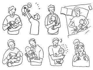 赤ちゃんの育児をするお父さん、男性、育児、子育て、線画