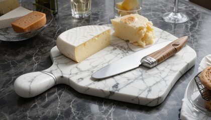 A sophisticated marble cheese board and knife set that is ideal for entertaining, serving, and hosting guests