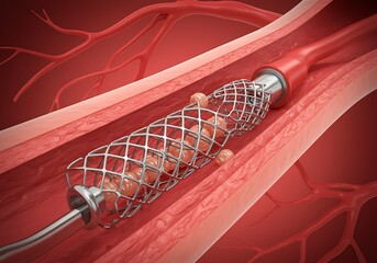 Close up medical illustration of a coronary artery stent being deployed within a blood vessel