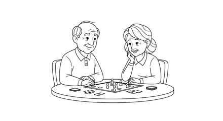 Loving senior couple enjoys playing board games at home, perfect for family time promotions or retirement living campaigns, showing happiness and connection