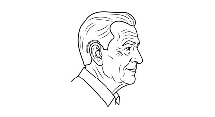 Line drawing of a mature man with a hearing aid showing accessibility and inclusivity for diverse communities and promoting healthy aging solutions