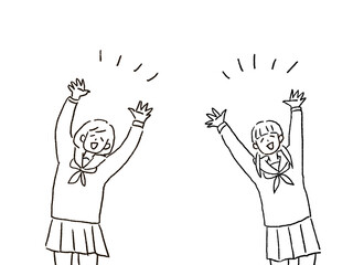 両手をあげて喜ぶセーラー服の女の子二人、線画