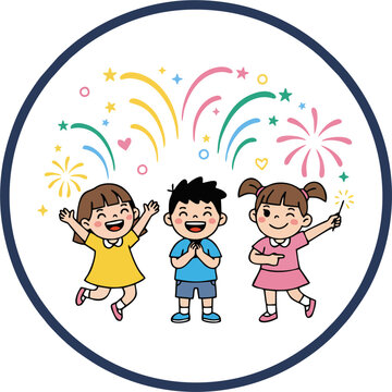 Cute Cartoon Kids Watching Fireworks &ndash; Fun Celebration Vector Illustration with Circular Frame