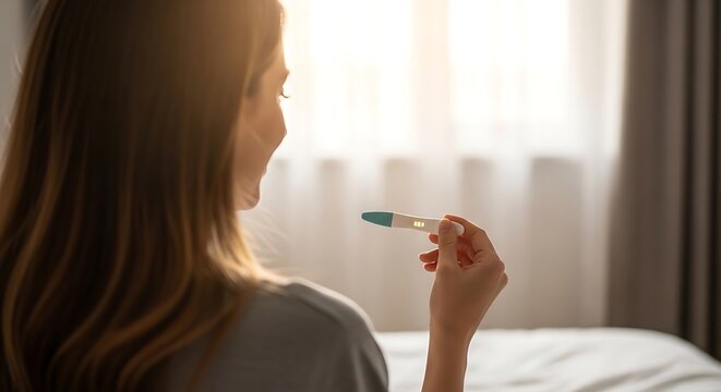 A lovely young woman thoughtfully observes a positive pregnancy test stick in the warm glow of morning sunlight, contemplating her exciting future.