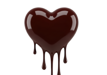 Stylized heart of glossy, rich, dark melted chocolate with luscious drips, isolated on a transparent background with copy space, photorealistic studio lighting. Concept of romantic affection