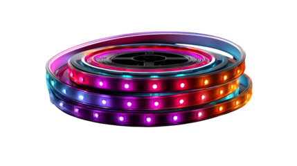 Color-changing LED strip lights arranged in a circular shape glowing softly isolated on transparent background