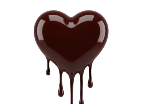 Stylized heart of glossy, rich, dark melted chocolate with luscious drips, isolated on a transparent background with copy space, photorealistic studio lighting. Concept of romantic affection