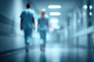 Unfocused shot down a blue toned hospital hallway with two figures in scrubs walking away, illuminated by ceiling lights, creating bokeh effects