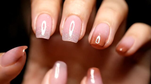 Close-up of a womans hands with manicured nails, some with a natural look and others with a subtle brown gradient.