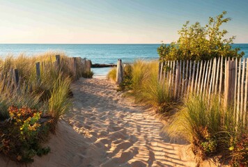 Sandy path through dunes leads to the ocean. A low wooden fence lines the walkway, with dune grass and plants on either side under a bright, clear sky