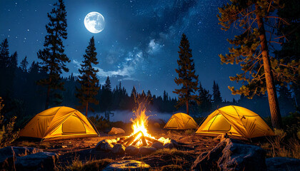 Yellow tents glow around a warm campfire under a stunning full moon and starry sky. This cinematic scene captures a magical night of camping in the pine forest.