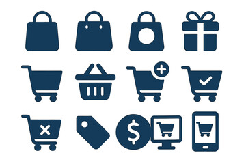 Shopping cart and bag icons with gift and price tags for e-commerce design