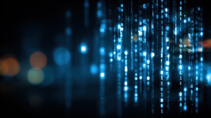 Abstract blue light streams cascade downwards, creating a digital curtain effect. Blurred cityscape provides a soft backdrop