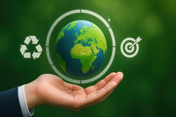 Hand presenting earth with recycle and target icons symbolizing sustainability and ecological responsibility
