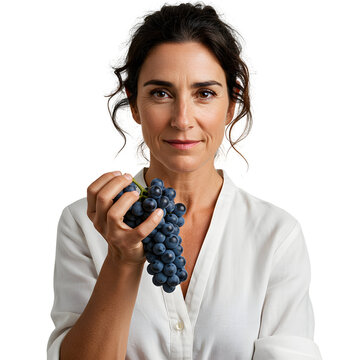 Woman smiling holding a bunch of dark grapes on white or transparent background