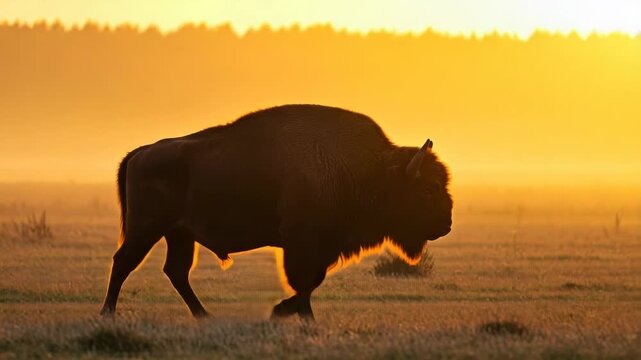 Bison silhouetted against a golden sunrise in a misty field