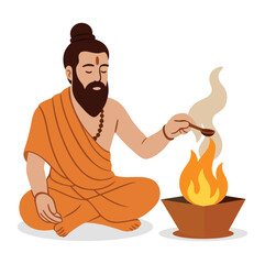 Indian Monk Performing Hindu Fire Ritual – Vector Illustration.