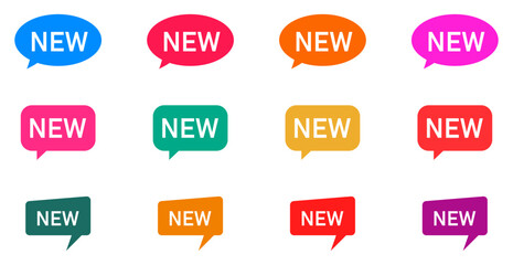 Collection of colorful new labels in speech bubble style. Vector set of modern sale tags, promo stickers, and marketing elements for banners, advertising, web, and store promotions.