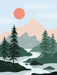 Abstract landscape with trees and river