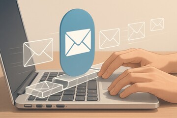 Illustration of hands typing on laptop with glowing email icons symbolizing digital communication and messaging