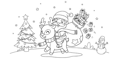 Father and son playing with a snowman on a cold winter day, an illustration for a children's coloring book