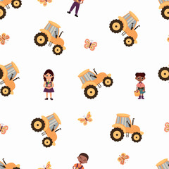 Seamless pattern farm. Pattern with Tractors and Children. Endless patterns for your design