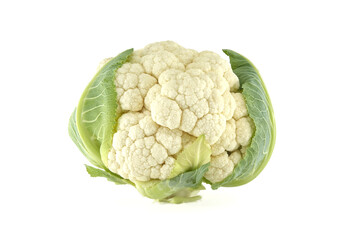 Fresh cauliflower head with green leaves isolated on a white background.