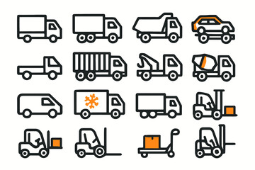 Collection of various truck and forklift icons in simple line design
