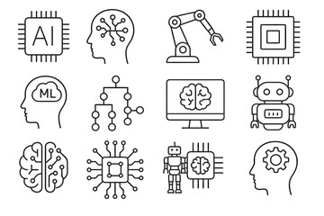 Fototapeta premium Artificial intelligence and machine learning icons with robot and circuit symbols