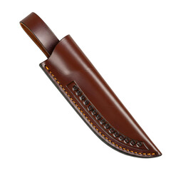 Brown leather knife sheath with orange stitching and decorative circular indentations on white or transparent background