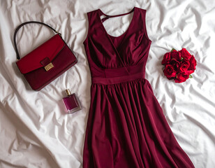 Elegant burgundy dress with matching handbag, perfume, and a bouquet of red roses on a white surface