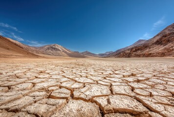 Cracked earth in a vast, arid desert landscape with distant mountains under a cloudless, bright blue sky on a clear day