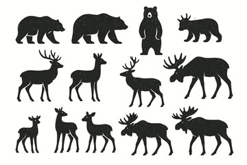 Obraz premium Silhouette wildlife art featuring bears, deer, and moose