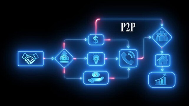 P2 P network diagram handshake hacker money lightbulb phone group house growth chart neon glow abstract technology concept