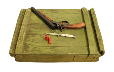 green ammo crate with sawn off shotgun  and italian switchblade isolated on transparent background