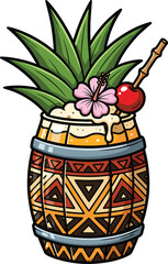 Tropical cocktail in patterned barrel glass with hibiscus flower, cherry, pineapple leaves, and foam for exotic summer drink vector
