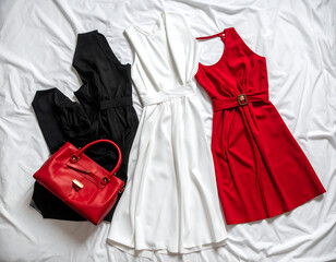 Stylish Summer Dresses and Red Handbag Fashion Flatlay