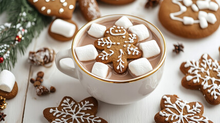 Gingerbread man cookie in hot chocolate with marshmallows and Christmas cookies
