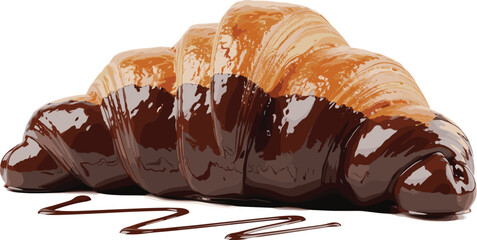 Chocolate dipped croissant with glossy texture, gourmet pastry dessert, bakery breakfast food, sweet snack illustration for culinary and promotional design